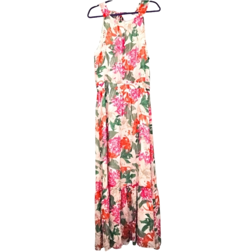 💥CeCe Long Flowy Sleeveless Pink Orange Green Floral Maxi Dress w/ Ruffle Hem